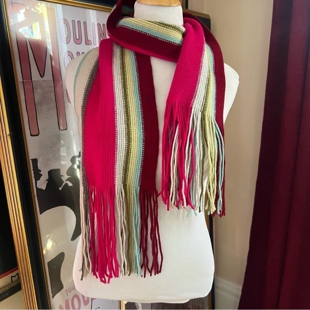 Jo Gordon Knit 100% Lambswool Striped Pink, Blue, Green, Blue Cream Fringe Scarf